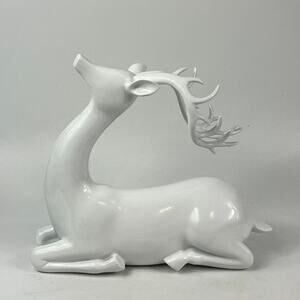 Lrg White Ceramic Deer Statue Centerpiece Decor Winter Wonderland Glazed Holiday